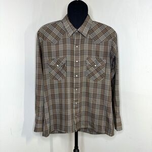 Vintage Silver Collection By Karman Shirt Mens L? Western Pearl Snap Brown Plaid